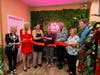 Left to right: Jackie Wetenhall of Stamford Downtown; Heather Cavanaugh of Stamford Chamber of Commerce; Penny Cha owners Veronica and Michael McKeown; Mayor Caroline Simmons; landlord Penny Nanos; President of Stamford Downtown David Kooris.