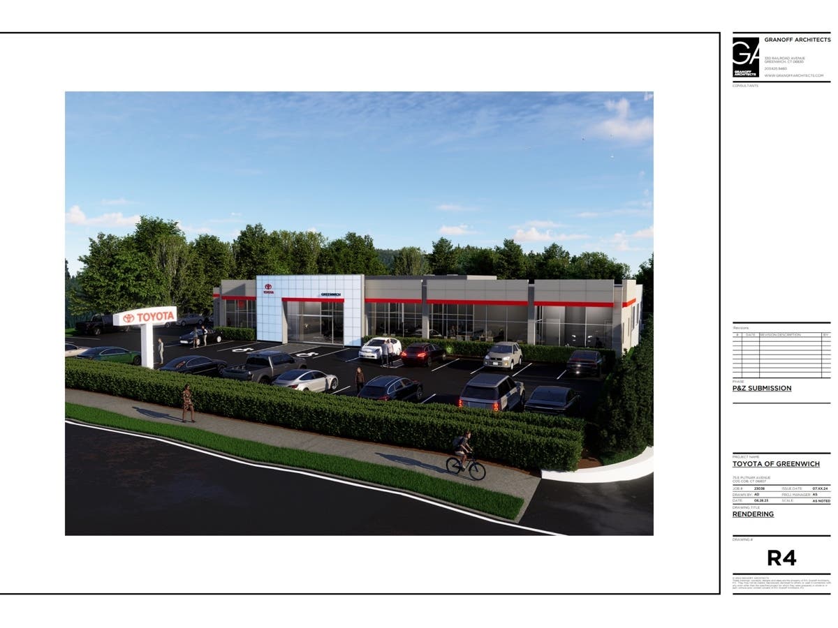 A rendering of the proposed project at Toyota of Greenwich, 75 E. Putnam Ave.