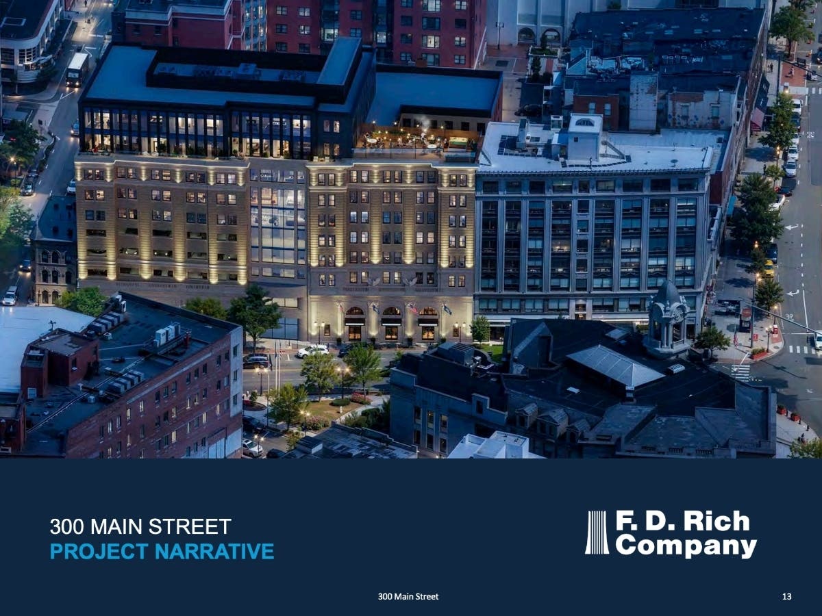 Property owner TR West Main Street LLC and developer F.D. Rich Company plan to keep the existing building and convert office space into guest rooms for a Hilton-branded hotel. This is a rendering of the hotel.