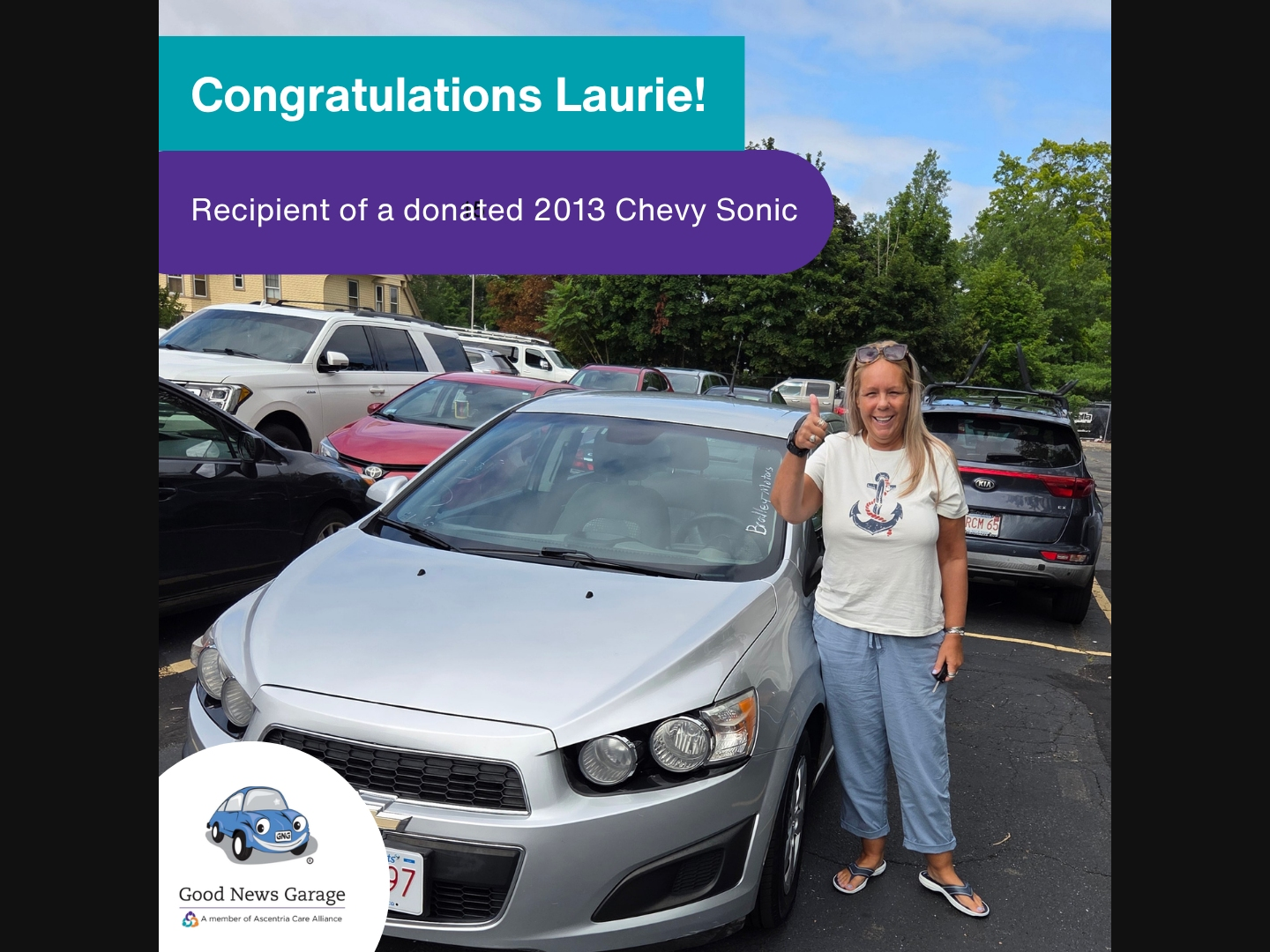 Lauri Buldoc of Beverly stands beside the car she was awarded by Good News Garage