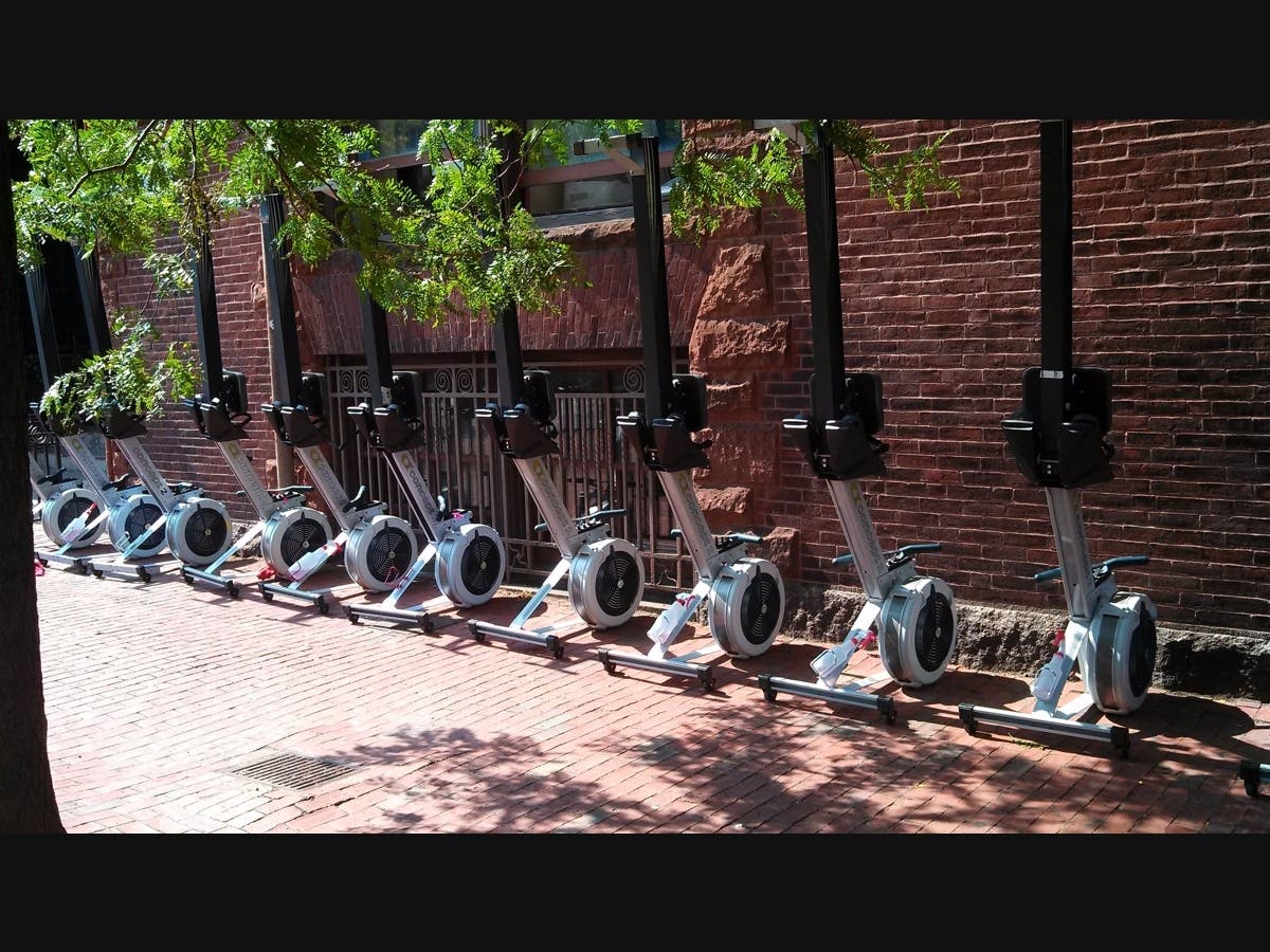 CRI ergs lined up outside of a Boston Public School for Let's Row programming.