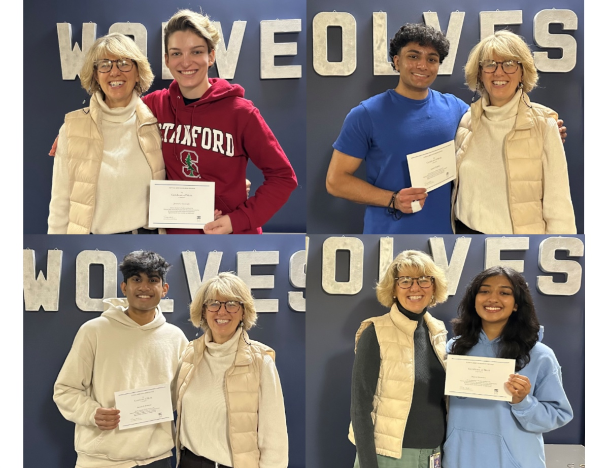 National Merit Scholarship finalists from Oswego East High School (clockwise from left) Jensen Coonradt, Amal Prakash, Manya Srivastava and Samarth Sreenivas each pose for a picture with Principal Laura Pastirik-Bankowski.