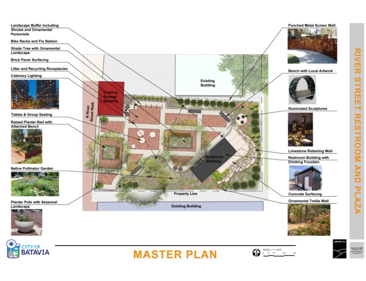 Plans for Batavia's River Street Plaza include accessible paving, landscaping, lighting and furnishings, including plenty of seating, city officials said.