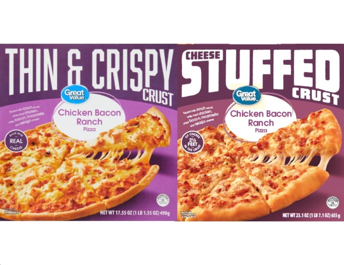 Two chicken bacon ranch styles of frozen pizza manufactured for Walmart's Great Value label were among the products recently recalled for potential salmonella contamination.