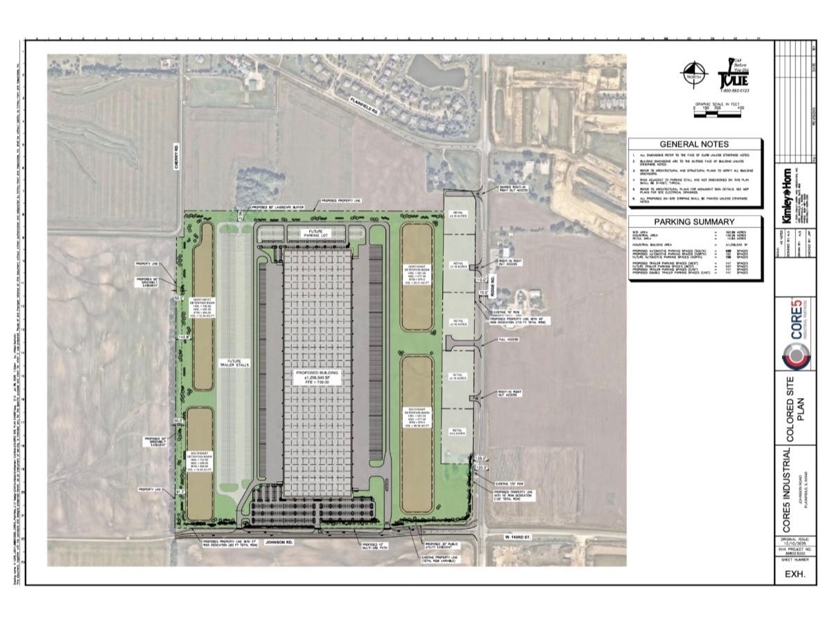 DPGF Plainfield and Core5 Industrial Partners proposed building a warehouse and five commercial lots on a 214-acre property commonly known as Rot Farm, located west of Ridge Road and north of Johnson Street.