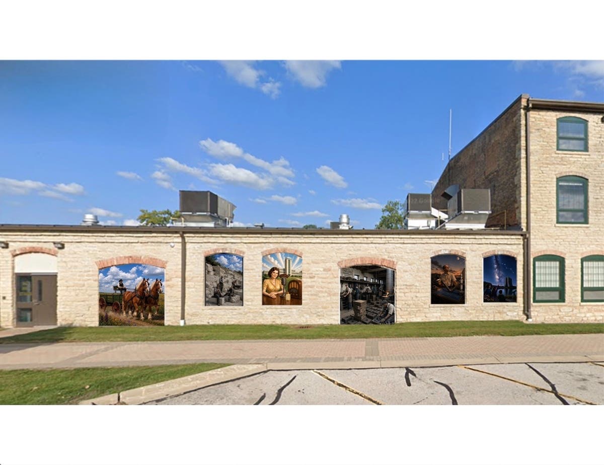 Artist Marty Gneish's design mockup depicts the "Batavia's Industrial Contributions to America" mural commemorating America 250.