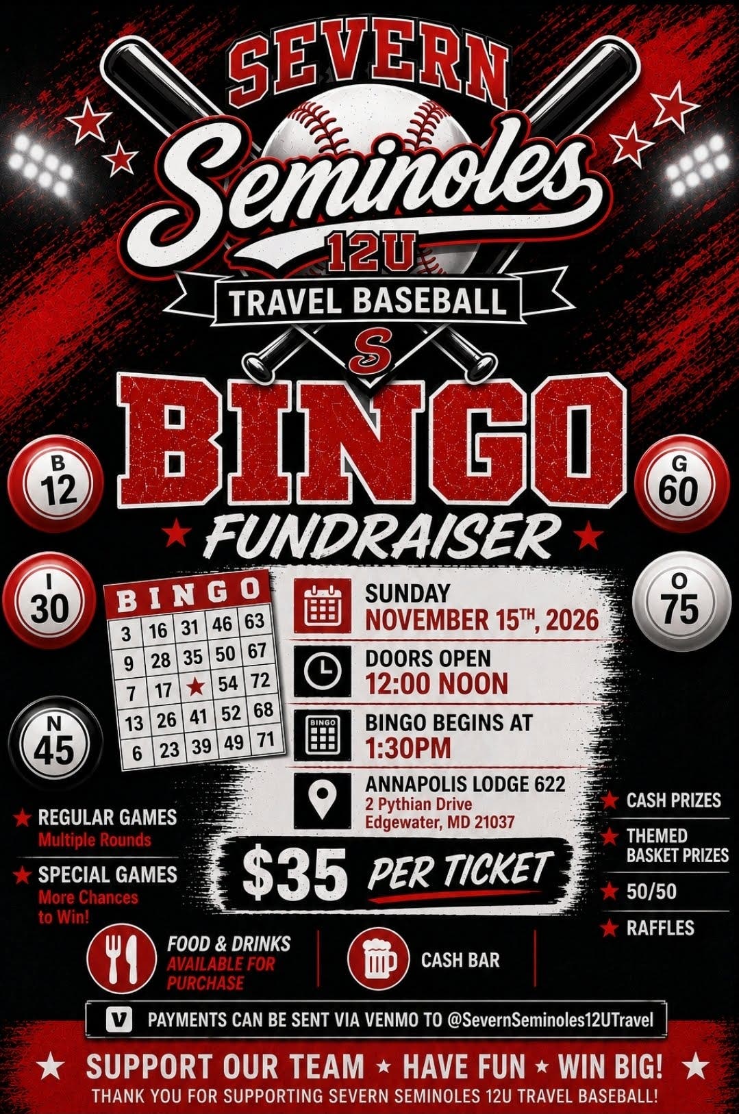 Severn Seminoles 12U Travel Baseball Bingo Fundraiser