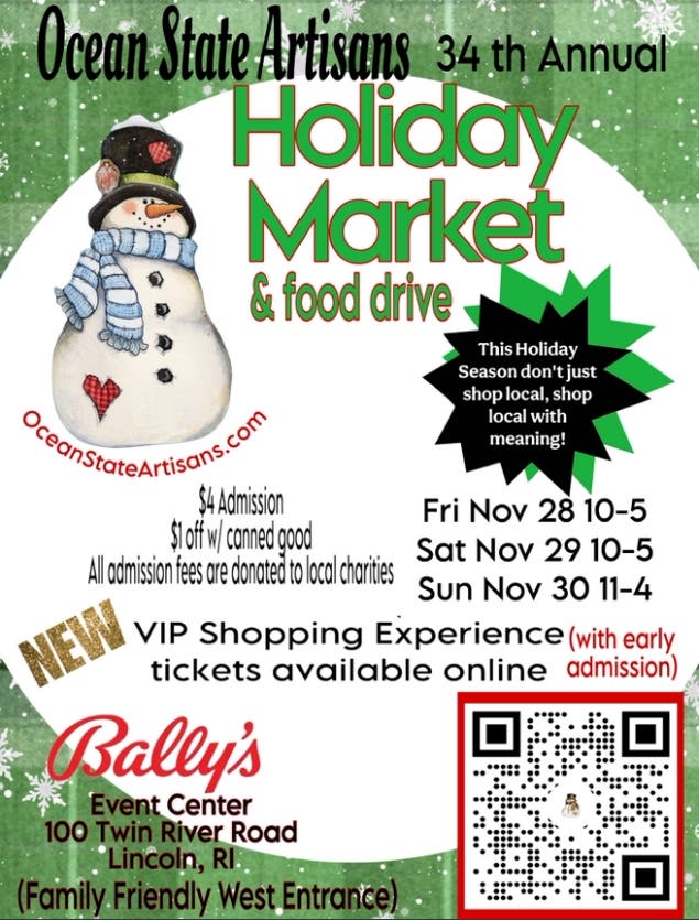 Ocean State Artisans 34th annual HOLIDAY MARKET & FOOD DRIVE, Bally’s Event Center, Lincoln, RI