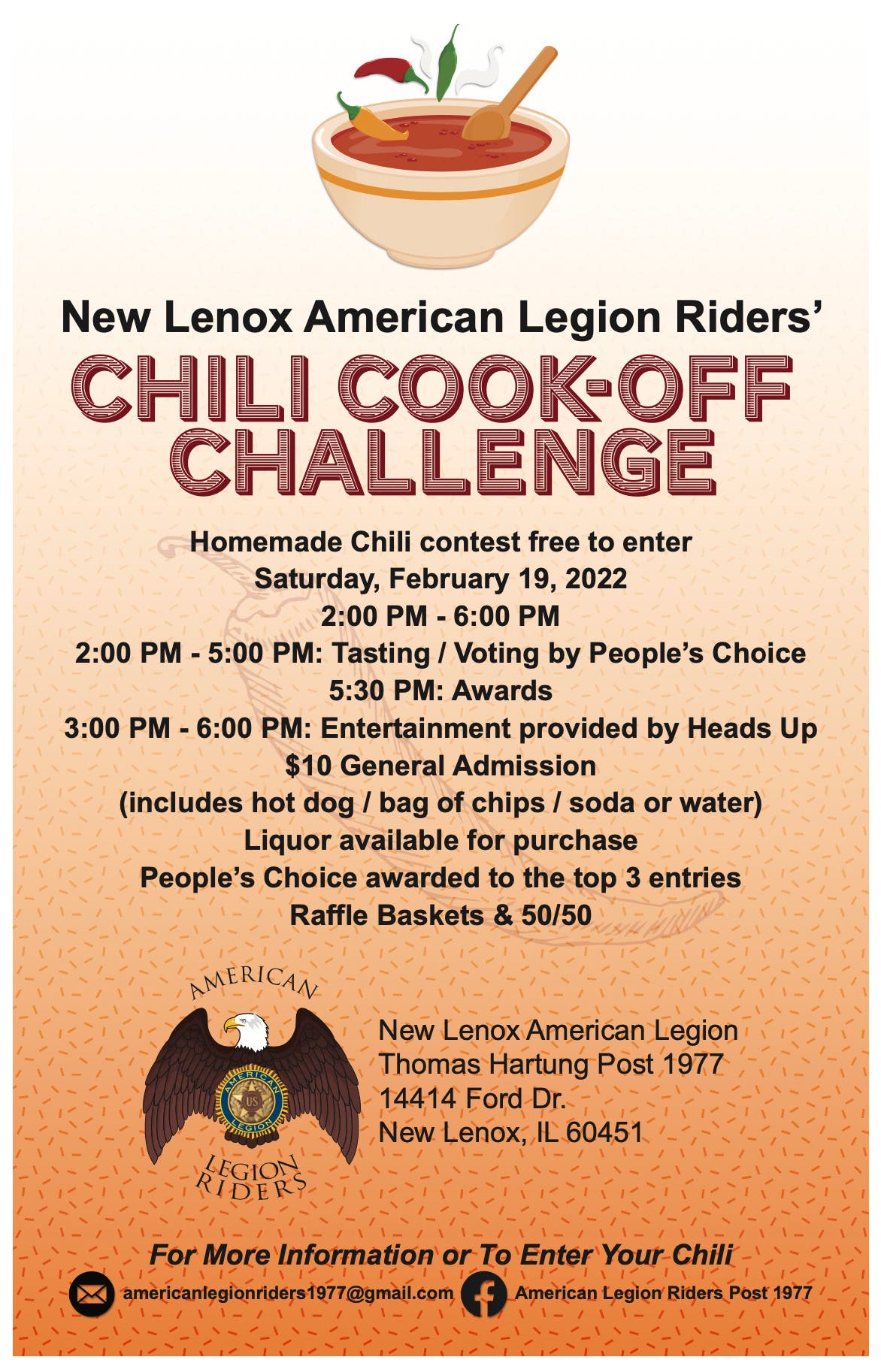 Feb 19 | Post 1977 Legion Riders - Chili Cook-Off Challenge | New Lenox, IL  Patch