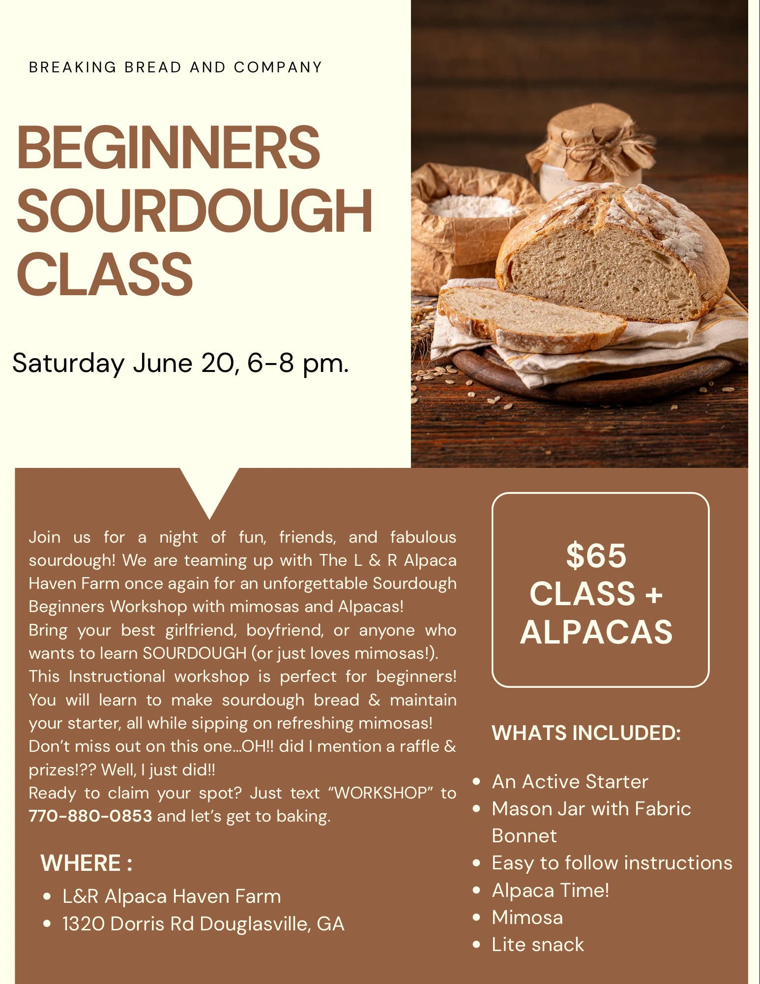 Beginners Sourdough Class with Mimosas at the Alpaca Farm