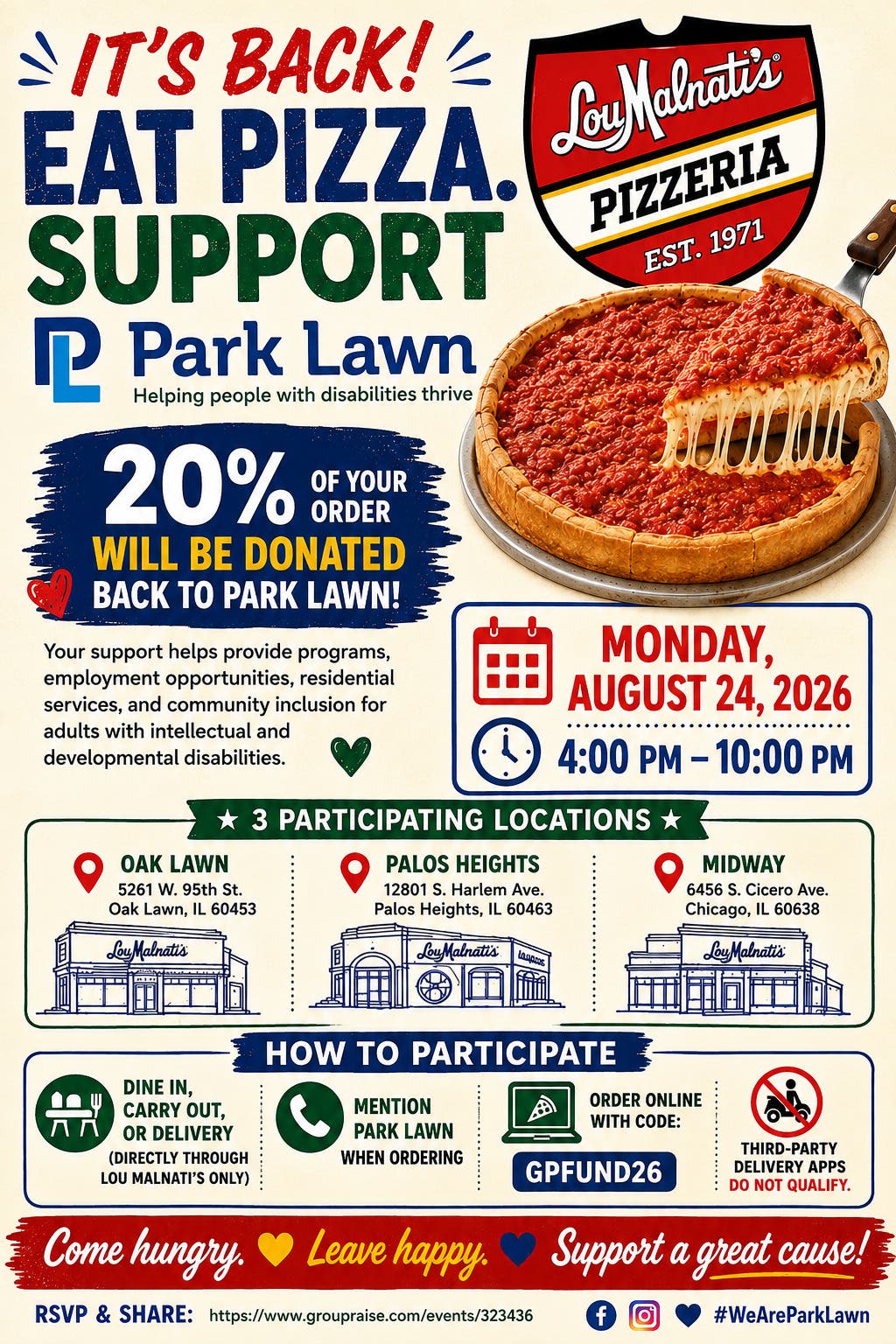 Eat Pizza. Support Park Lawn at Lou Malnati’s on August 24