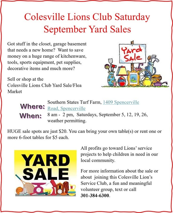 Colesville Lions Club Saturday September Yard Sales