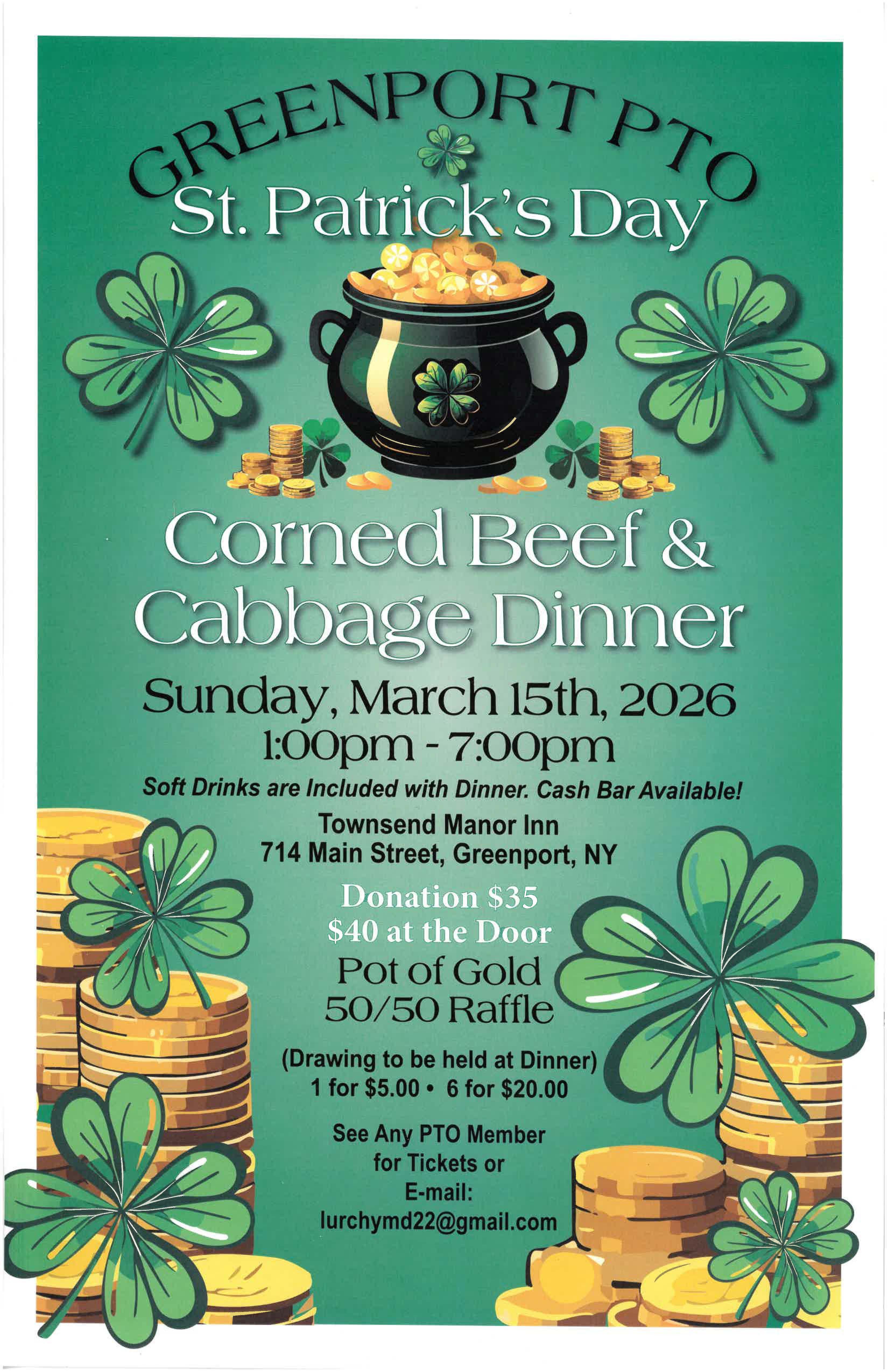 Greenport PTO St. Patrick’s Day Corned Beef & Cabbage Dinner