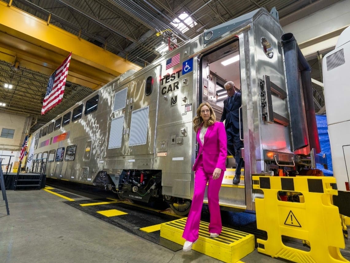 Gov. Mikie Sherrill stepping off a new NJ Transit railcar in Kearny on April 13, 2026. The new car is set to join NJ Transit’s aging fleet this summer.