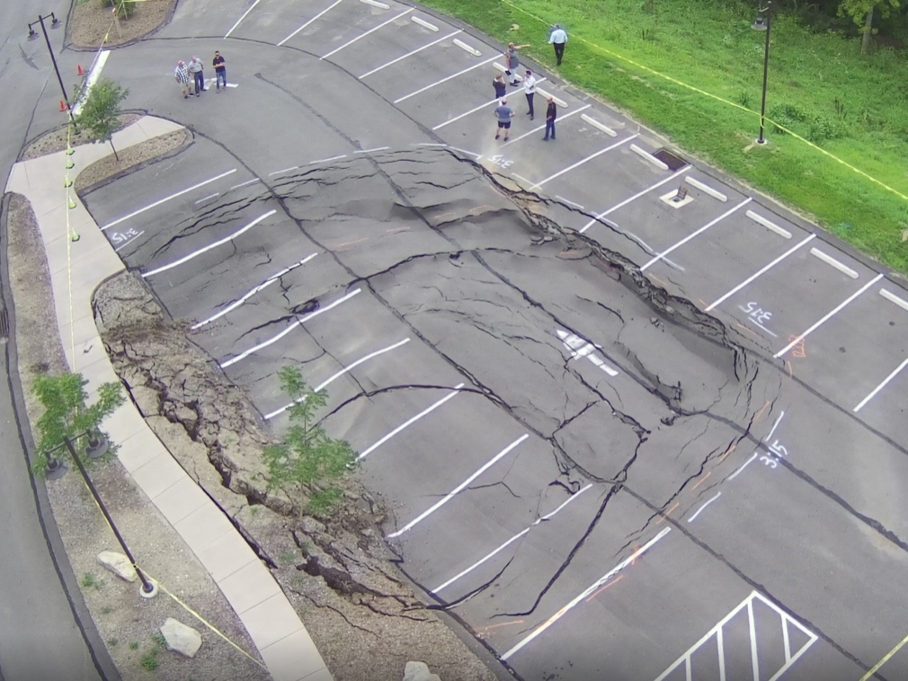 The stormwater retention system and a section of the Welcome Center parking lot were the only things damaged when part of the parking lot collapsed over the weekend at the Pittsburgh Botanic Garden. 
