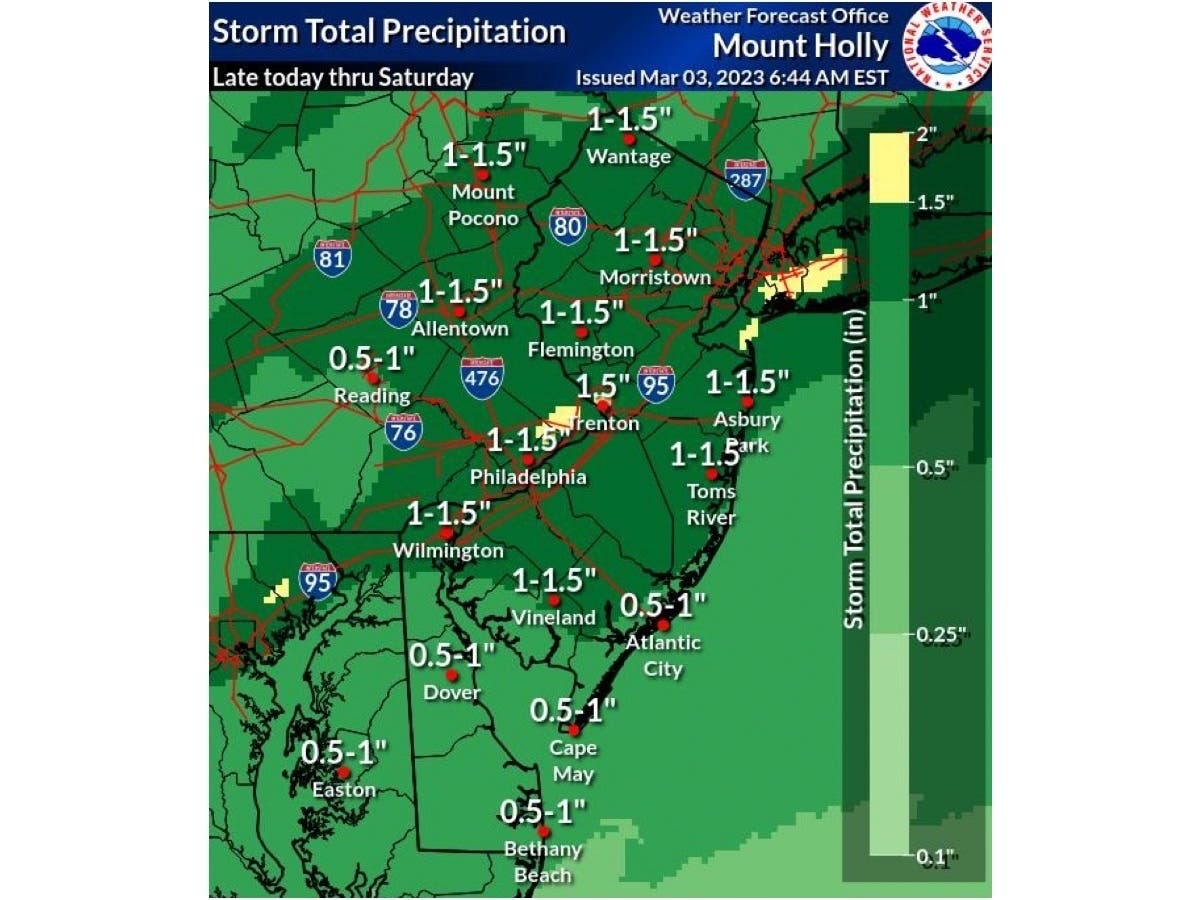 Philadelphia and the surrounding areas may see up to an inch and a half of rain Friday night. Winter weather advisories are in place in a number of central Pennsylvania counties, as well.
