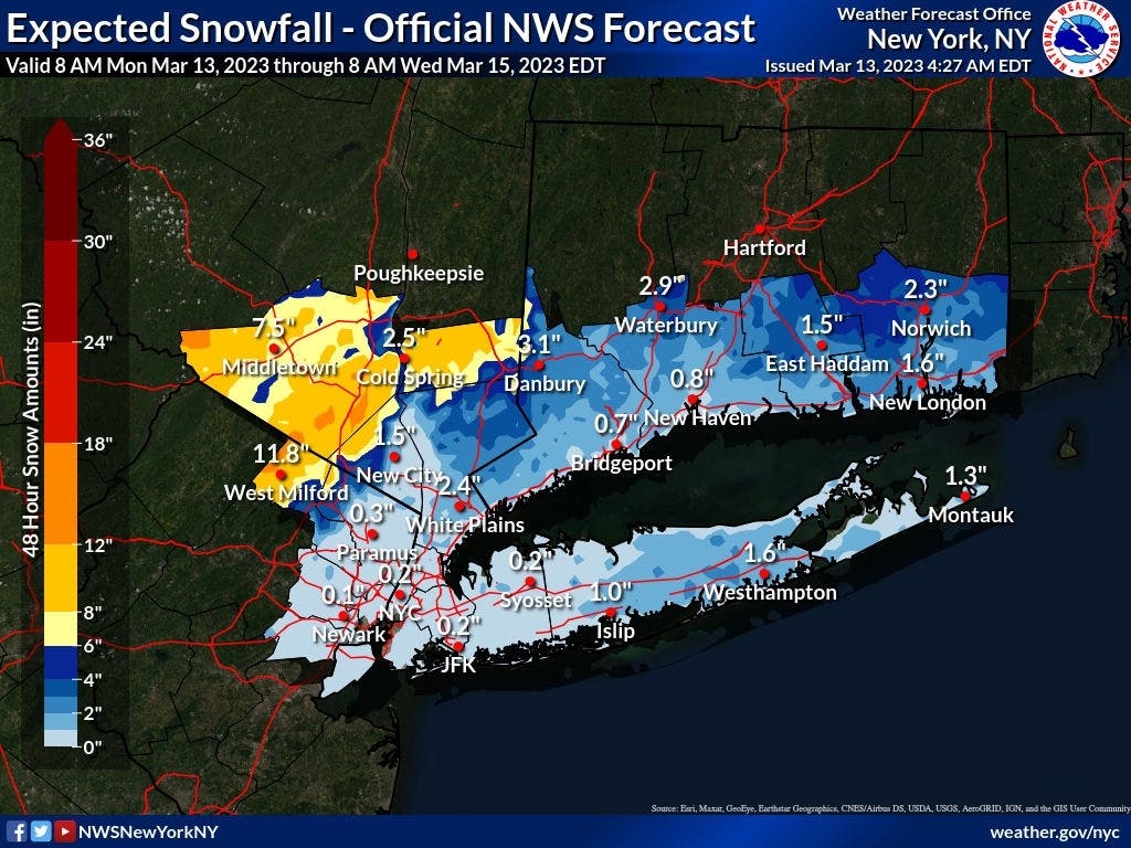 The National Weather Service says total snow accumulations of two to five inches are expected near Wayne, with winds gusting up to 40 miles per hour.