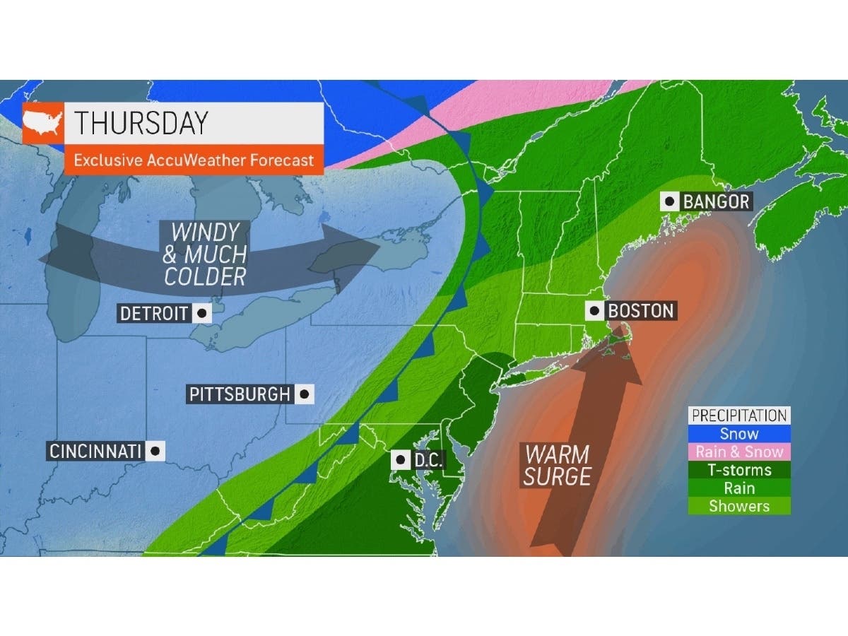 The state can expect “frequent downpours” through the last half of the week, says AccuWeather, with risk of hail and damaging wind gusts. As the front pushes to the east coast Thursday, gusts are expected to range between 50-60 mph, forecasters said.
