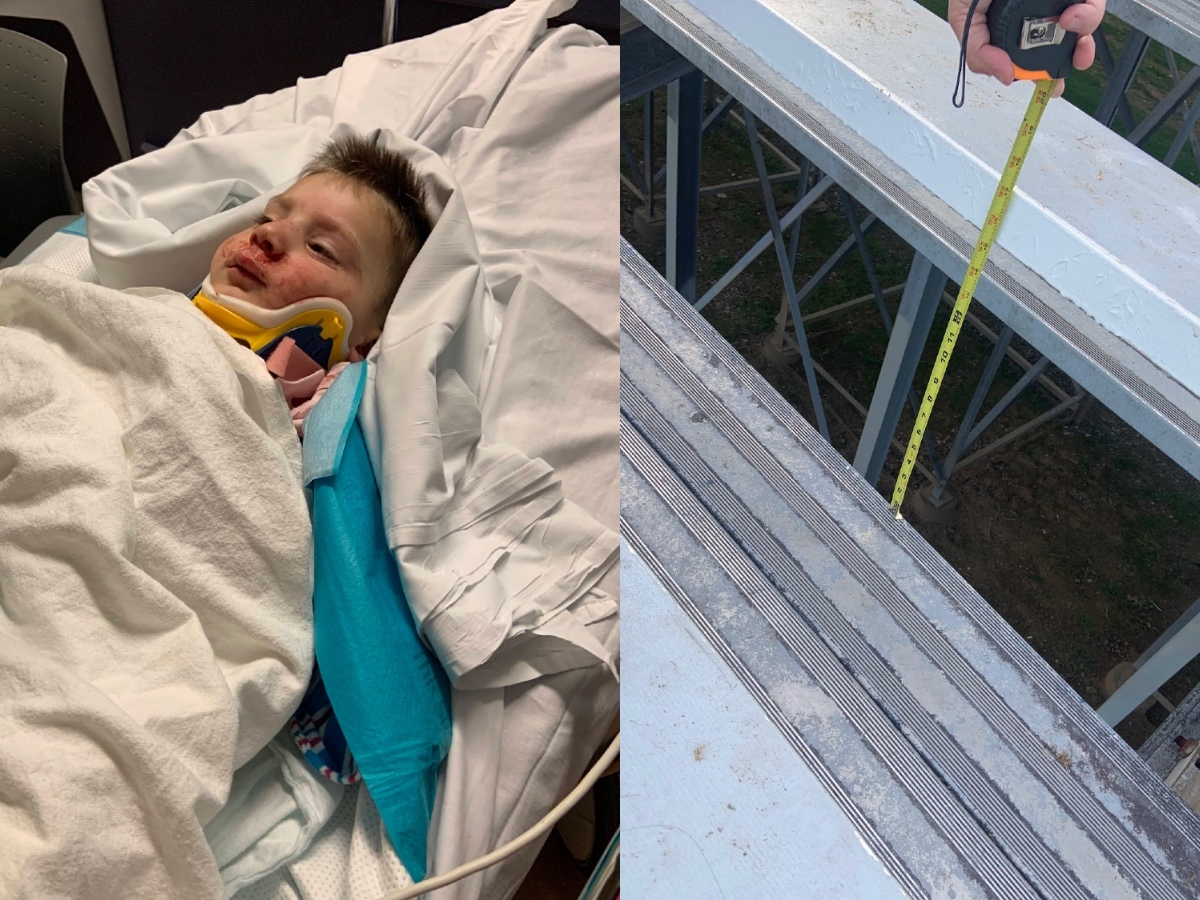 Evan Brooks, left, after he fell through the bleachers at Wayne Valley High School last fall. The photo on the right shows the gap in the bleachers, measured by the Brooks family.