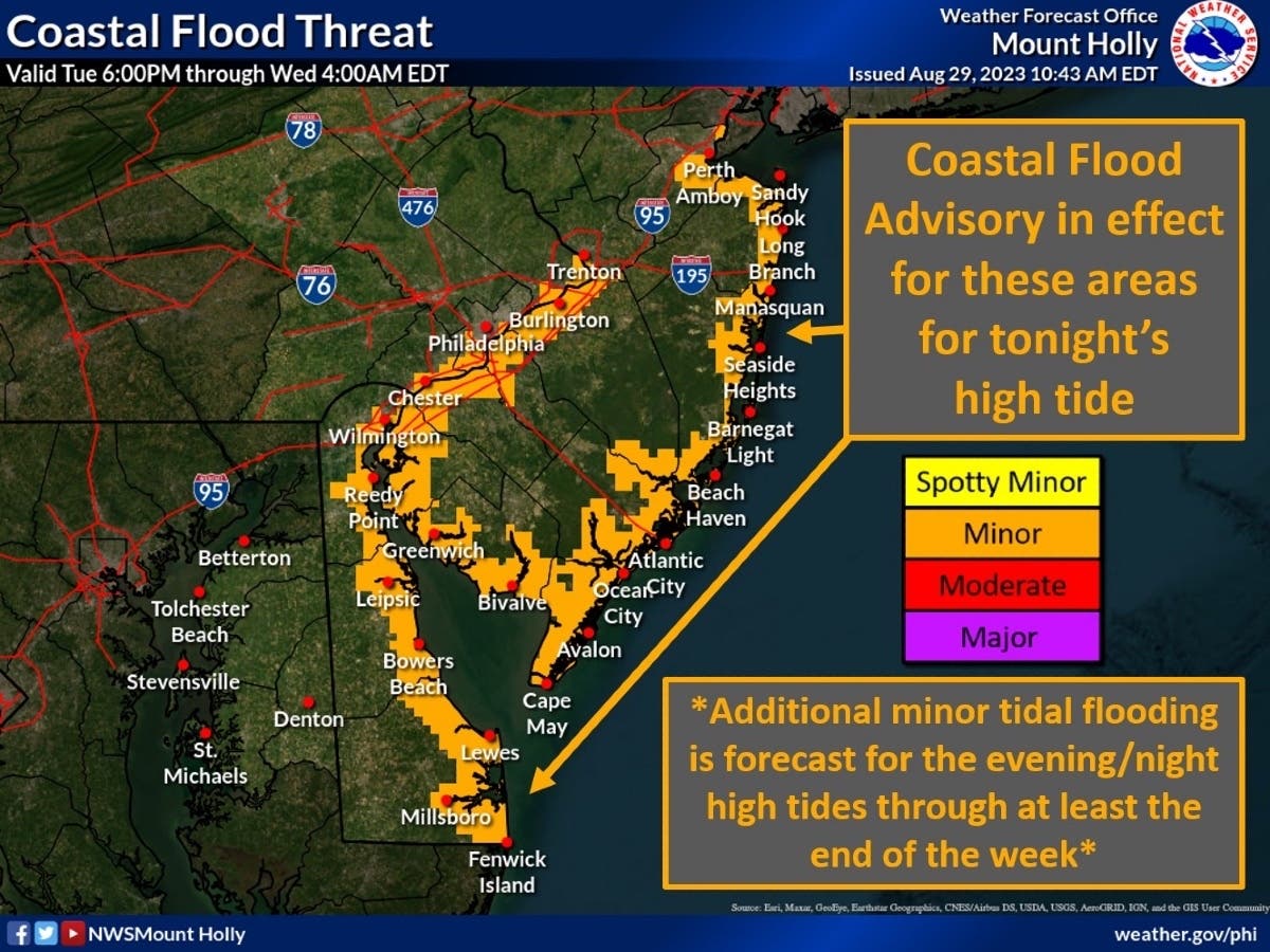 The chance of rain and scattered showers will increase in the region overnight Tuesday into Wednesday, said the National Weather Service. Coastal flooding is a concern for areas along the Atlantic coast, Delaware Bay, and tidal Delaware River. 