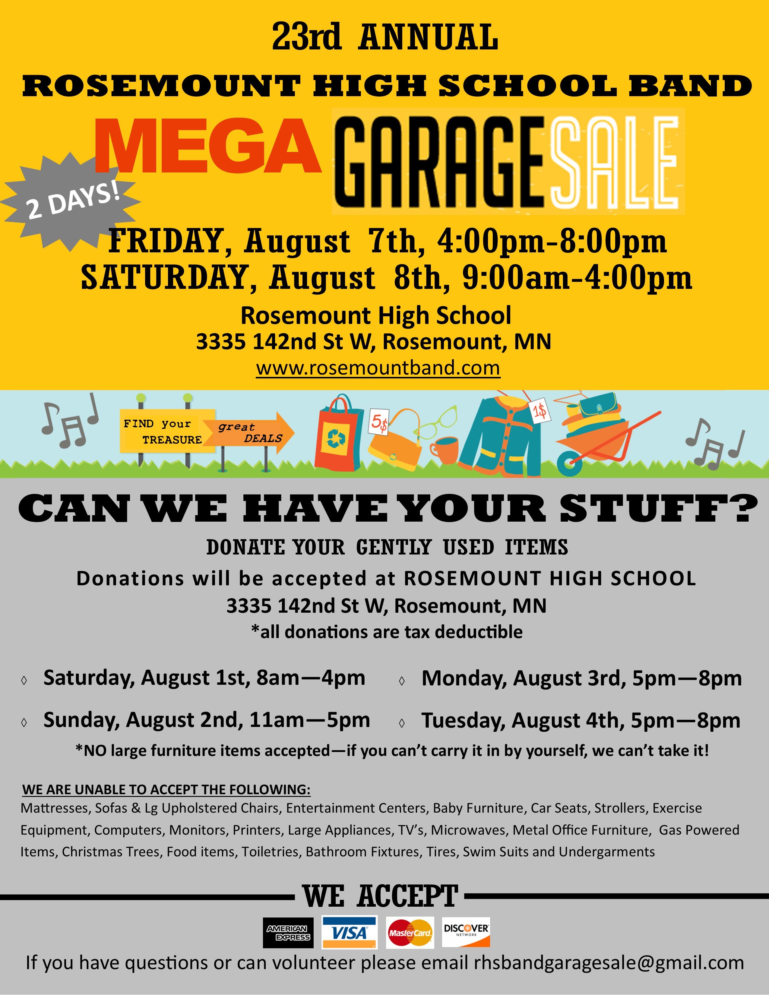 23rd Annual Rosemount High School Band MEGA GARAGE SALE