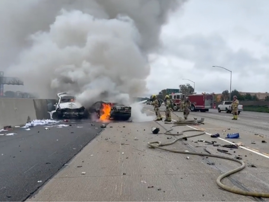 Southbound traffic on the California State route 405 in Irvine was stalled for miles Thursday afternoon, after a car crash killed one and sent two others to the hospital as trauma patients, the Orange County Fire Authority reported. 