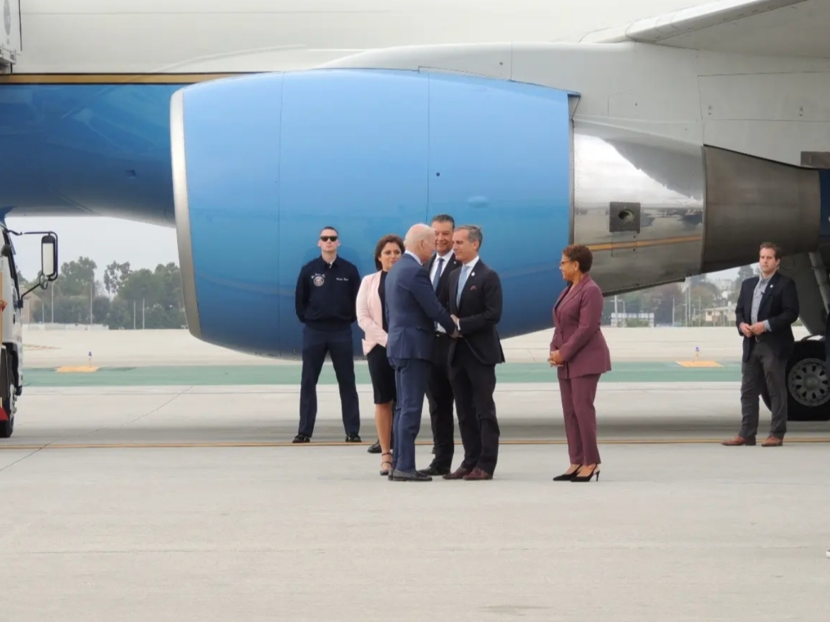Mayor Eric Garcetti and Sen. Alex Padilla, D-California, and mayoral hopeful Rep. Karen Bass, D-Los Angeles​ greeted Biden at Los Angeles International Airport late Wednesday.
