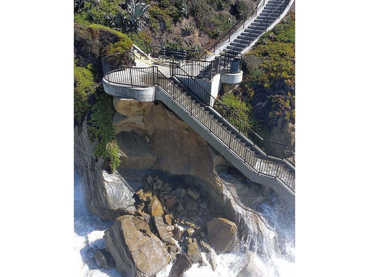 The rock slide happened Tuesday afternoon just below the stairway viewpoint, according to the City of Laguna Beach.