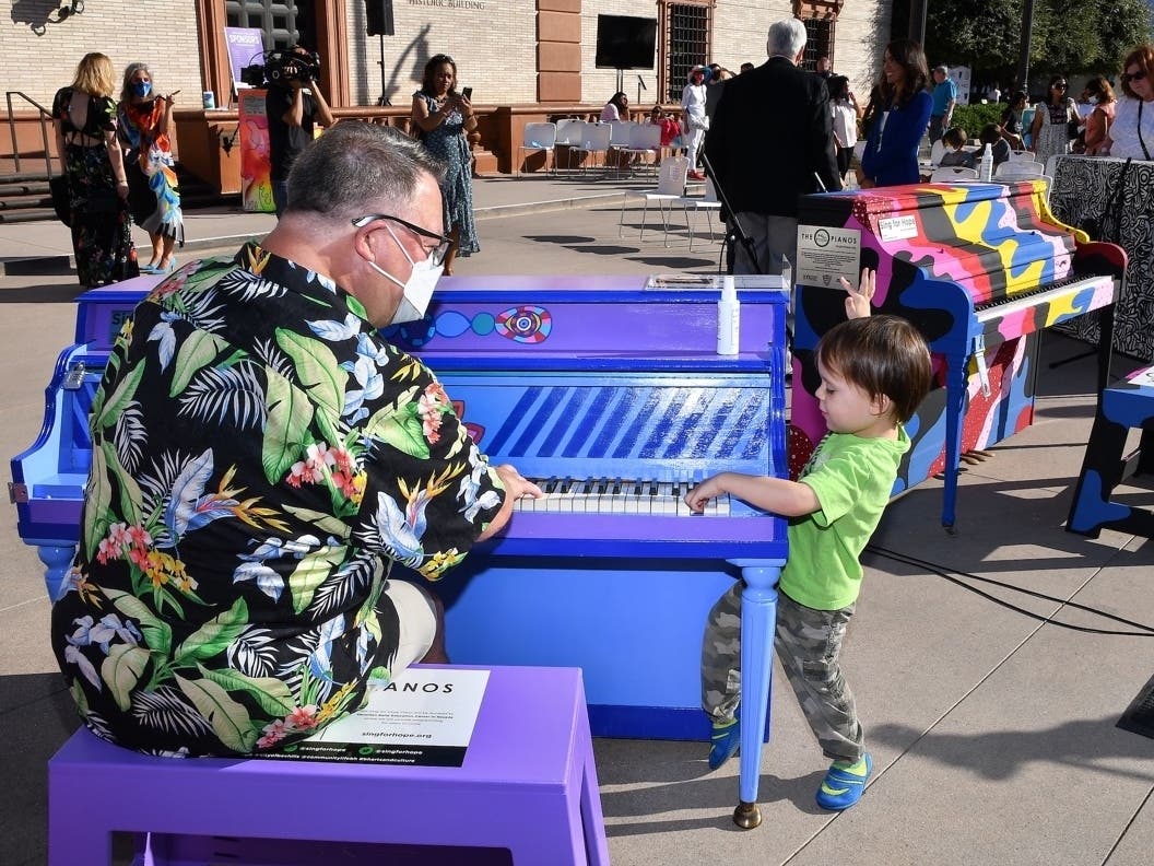 A pianist performs on one of the local artist-designed pianos during the Sing for Hope Pianos launch event at The Wallis on Aug. 5. 