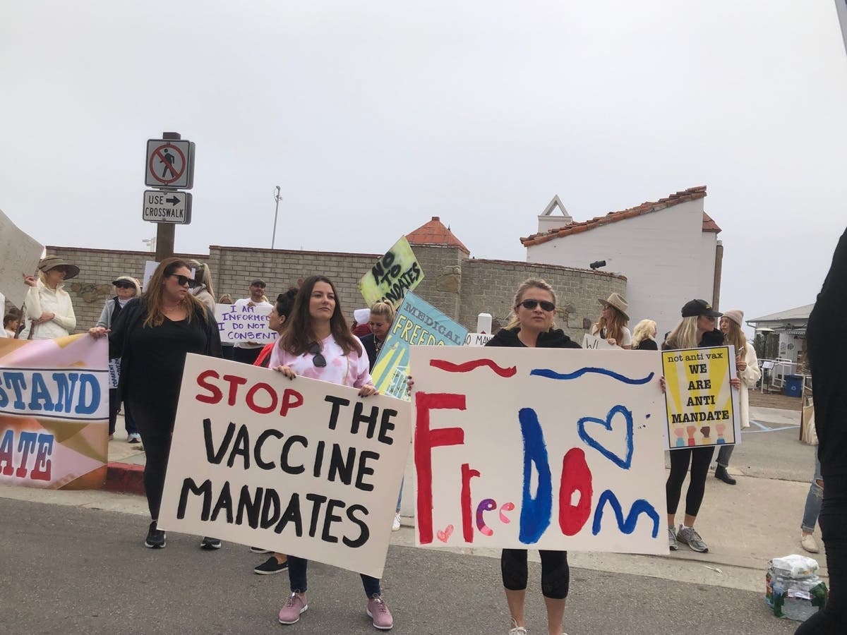 Demonstrators have gathered on Pacific Coast Highway near the Malibu pier to protest COVID-19 vaccine mandates. 