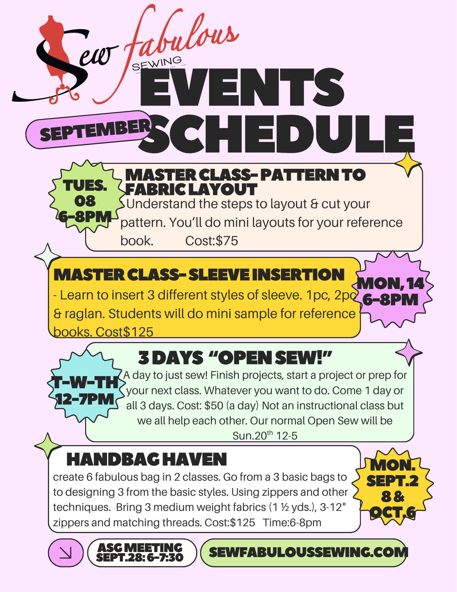Sew Fabulous Sewing Events September Schedule