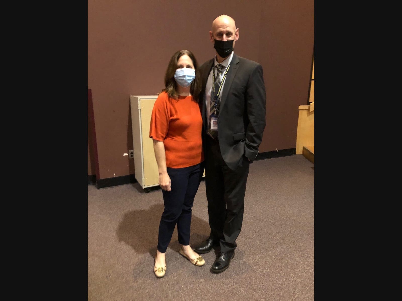 From left, James Wilson Young Middle School teacher Karen Hicks was
named 2021 Teacher of the Year and is pictured with Bayport-Blue Point School District
Superintendent of Schools Dr. Timothy Hearney.