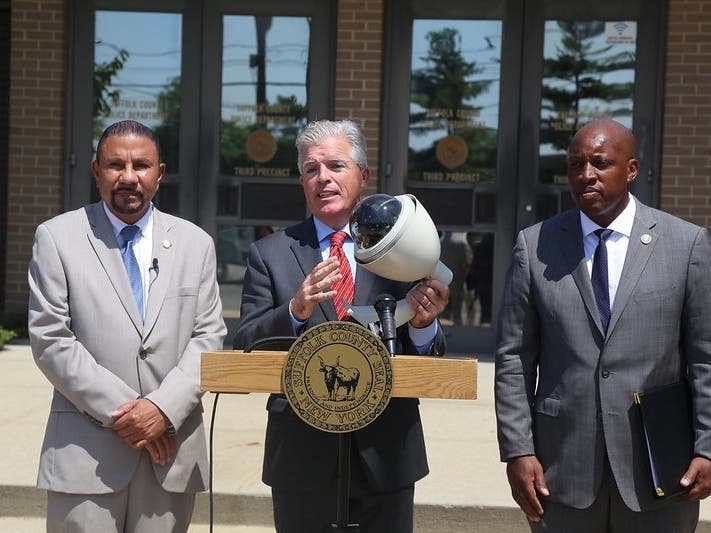 Assemblyman Phil Ramos (left), Suffolk County Executive Steve Bellone (center), and Suffolk County Police Commissioner Rodney K. Harrison (right) announced the deployment of license plate readers in the Third District on Tuesday.