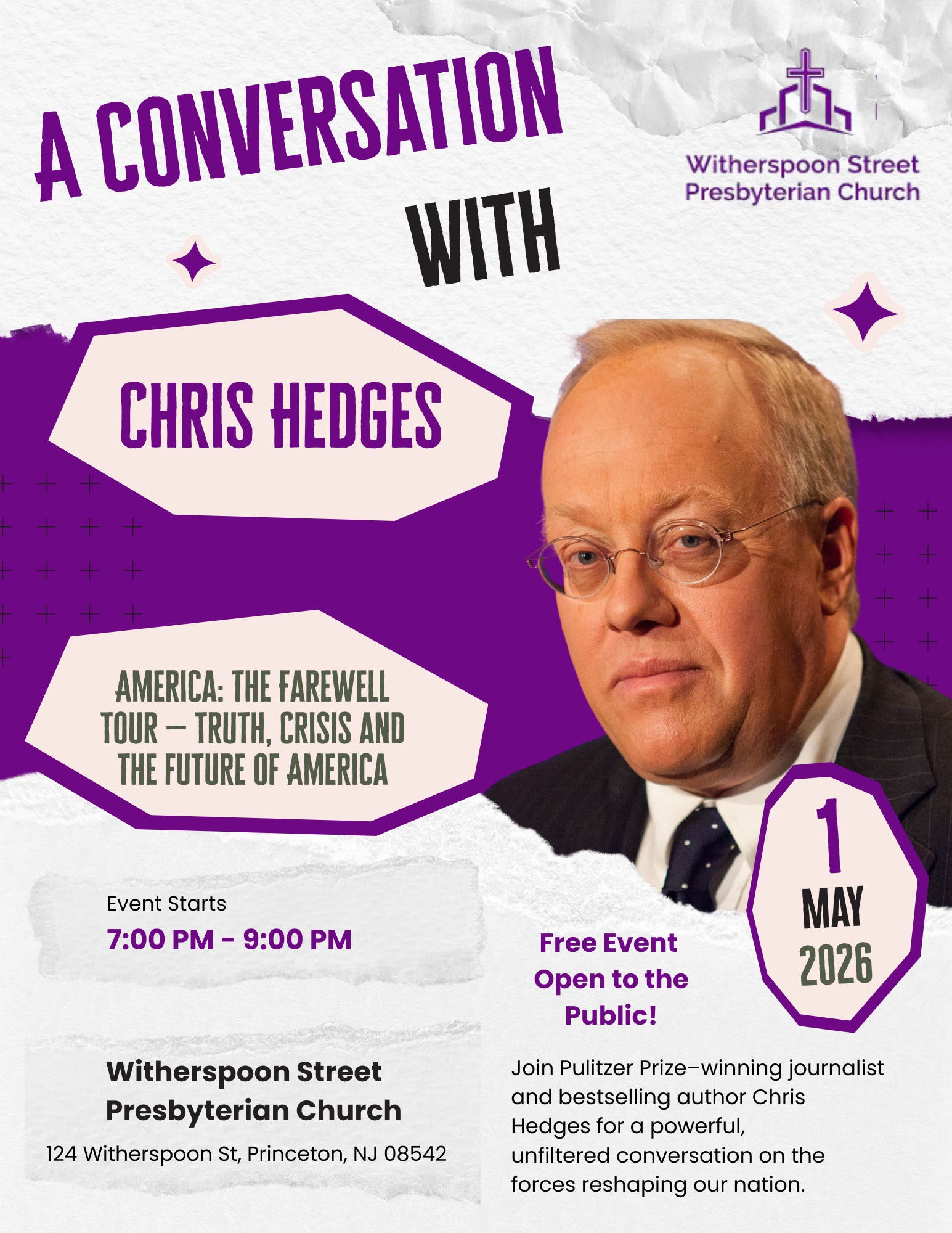 Witherspoon Street Presbyterian Church to Host Author Chris Hedges for Community Conversation on Ame