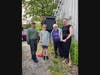 Volunteers from the Parsippany Bat Protection Project set up to install a bat nesting box at the Livingston-Benedict House
Left to right: (ground level) Luca Fariello, James Peterson, Julia Peterson, and Emily Peterson; Len Cipkins on ladde