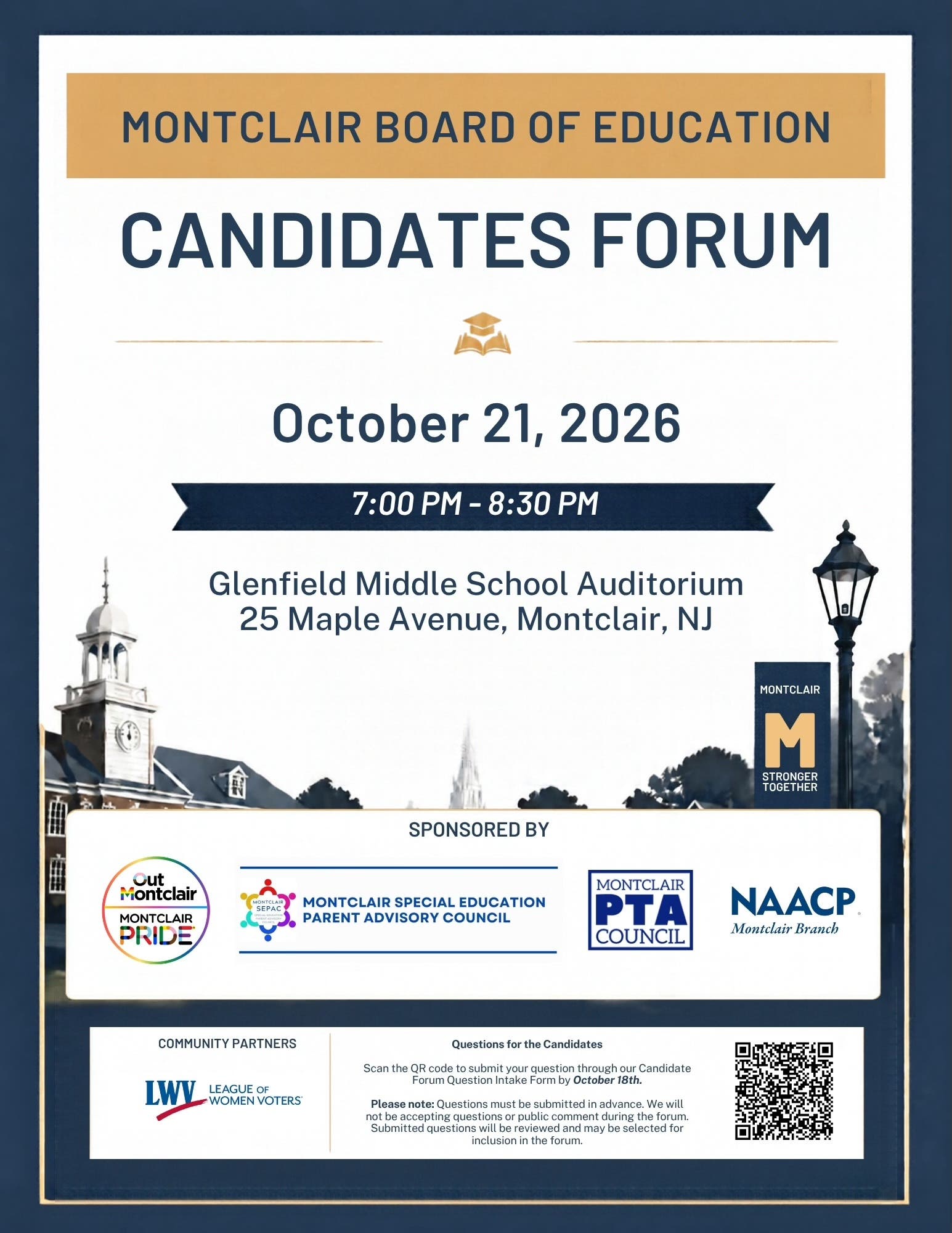 Montclair Board of Education Candidate Forum, Wednesday, October 21, 7 PM at Glenfield Middle School