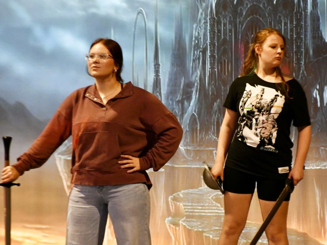 Bella Dever (left) and Eileen Brady are shown during a fall play rehearsal at Evergreen Park Community High School. Dever will play Tilly and Brady will play Agnes in the upcoming performance of "She Kills Monsters."