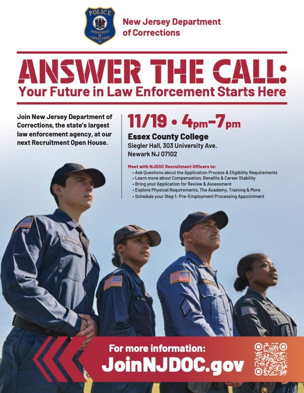 New Jersey Department of Corrections Recruitment Open House – Essex County College in Newark (11/19)