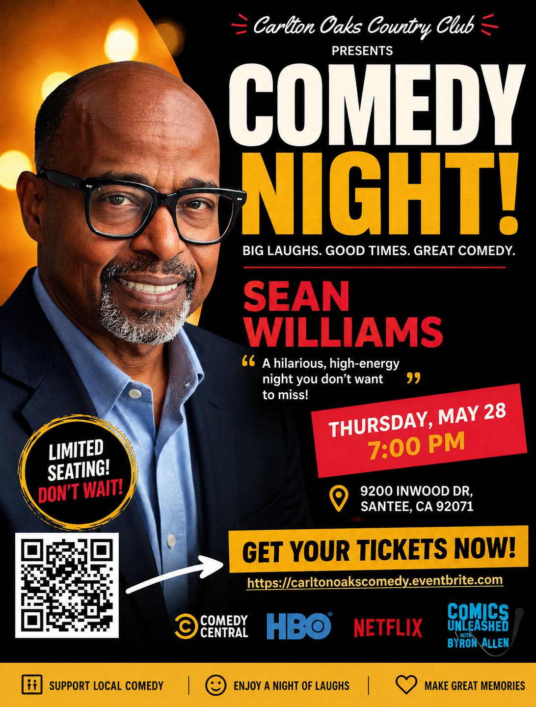 😂 Last Call for Comedy at Carlton Oaks, Thursday, May 28, 7pm! 😂