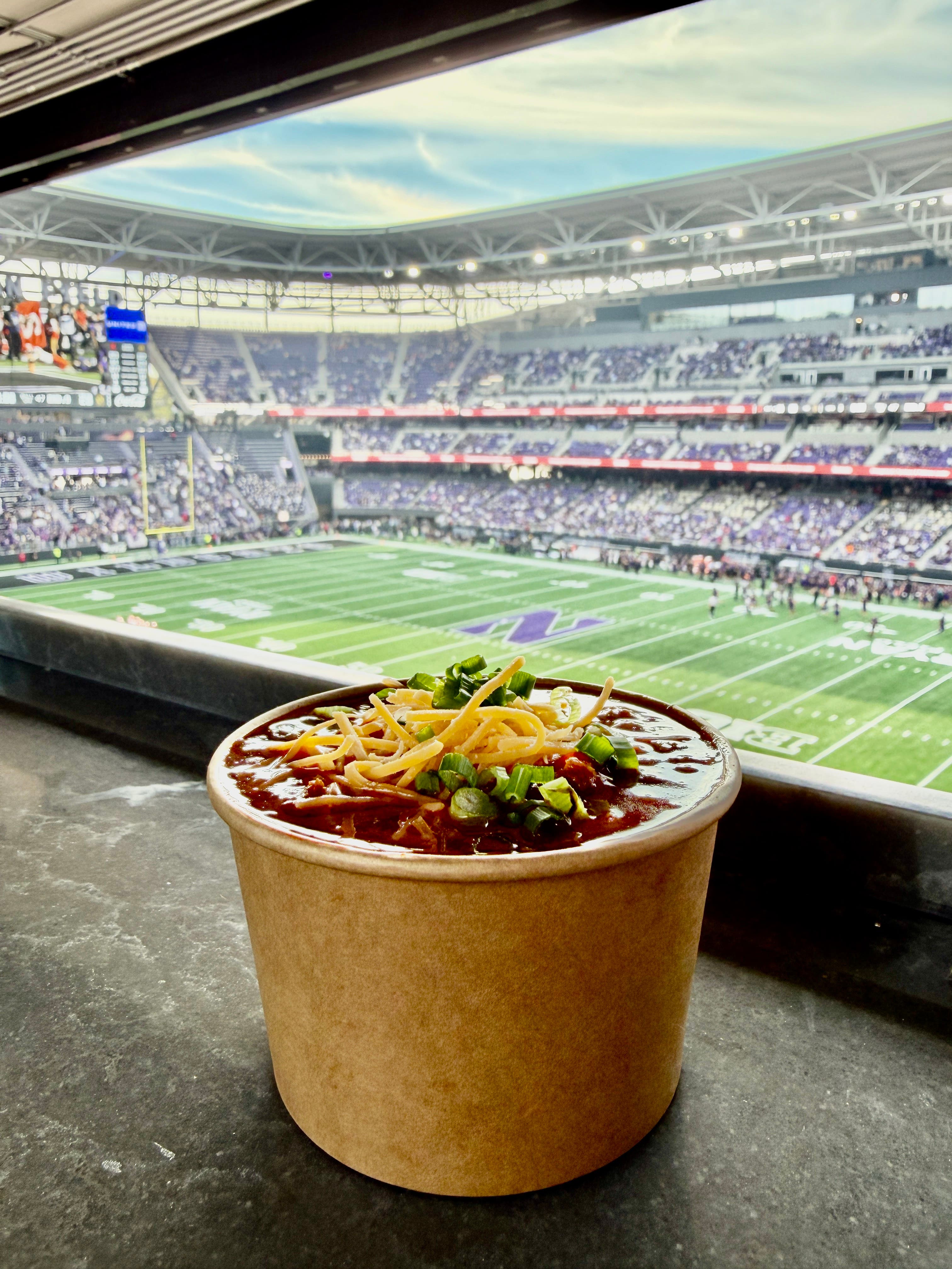 Vegan Chili at Northwestern's new stadium with the field in the background