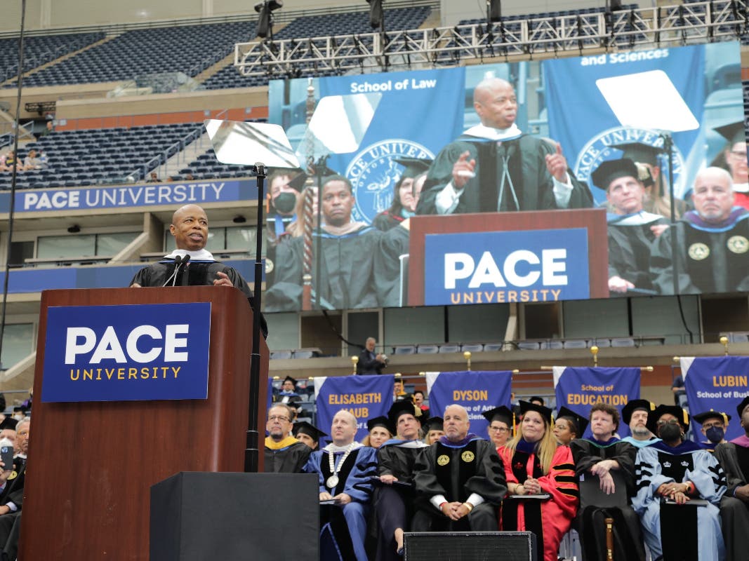 Mayor Eric Adams addresses attendees at Pace University’s Commencement at the USTA Billie Jean King National Tennis Center in Queens. 