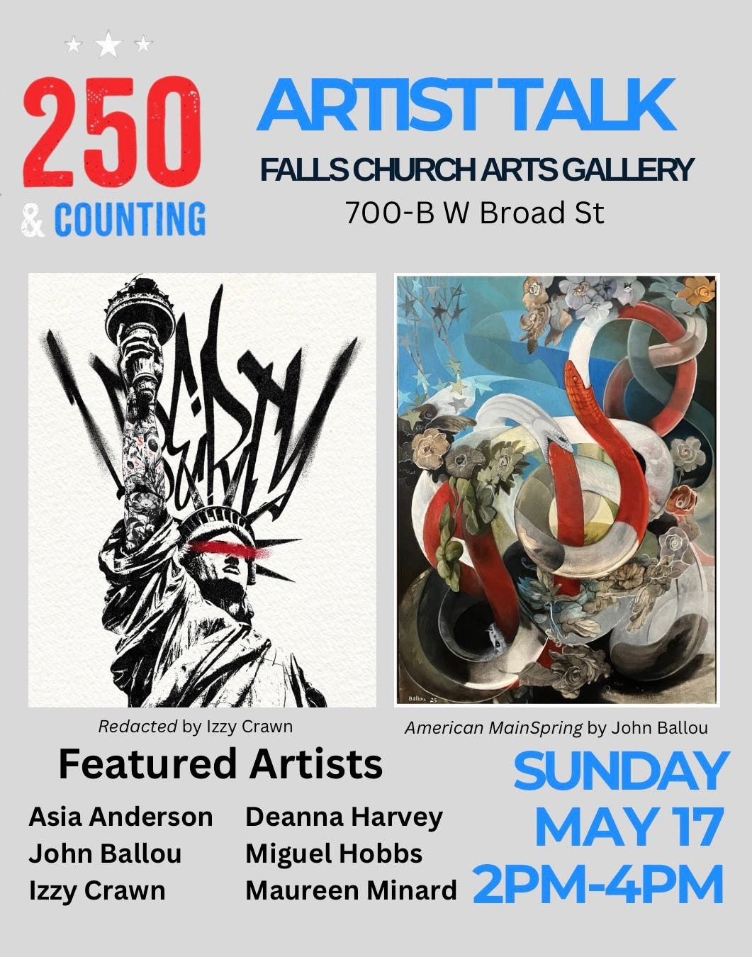 Falls Church Arts Hosts Artist Talk about exhibit, "250 and Counting," on May 17