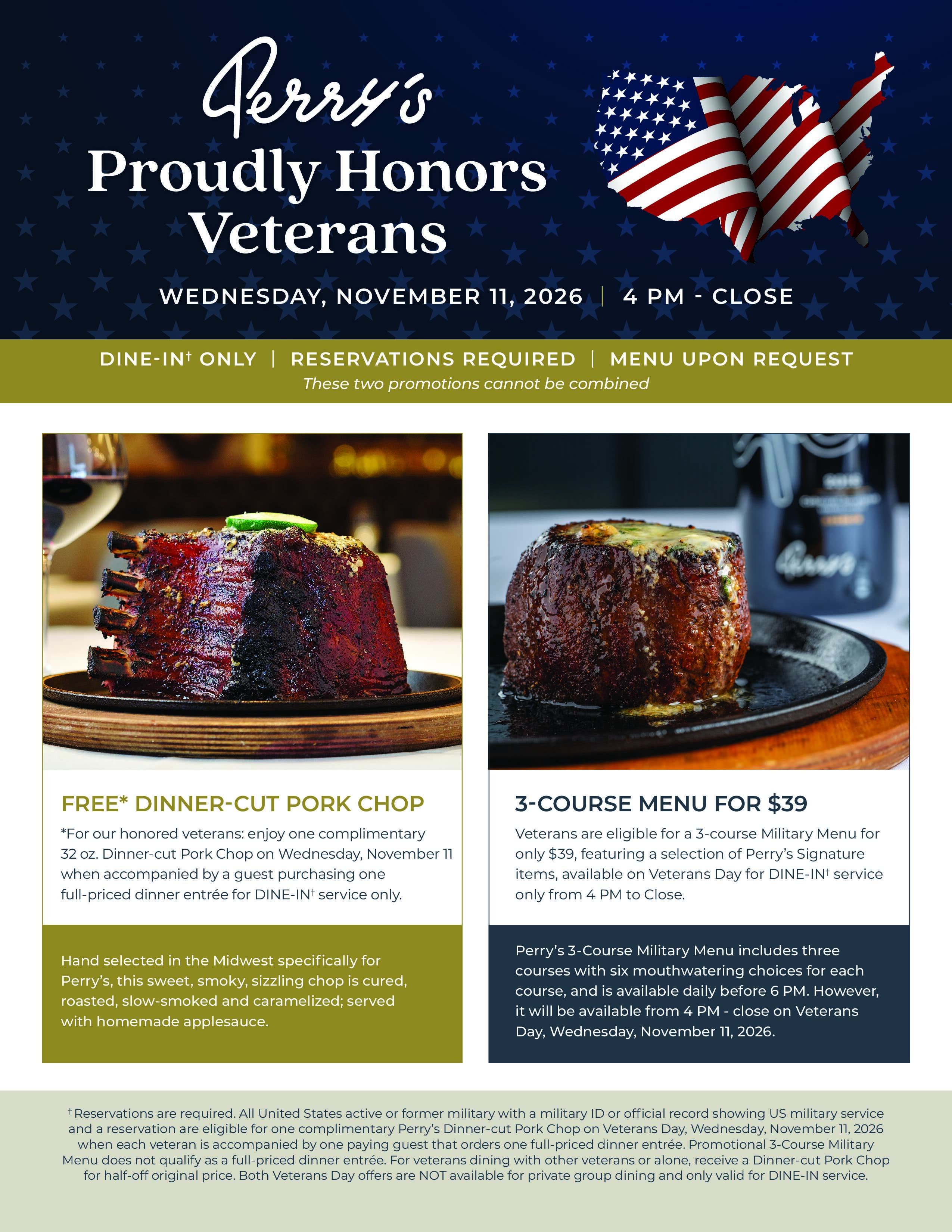 Perry’s Steakhouse & Grille Honors Veterans with Special Offers