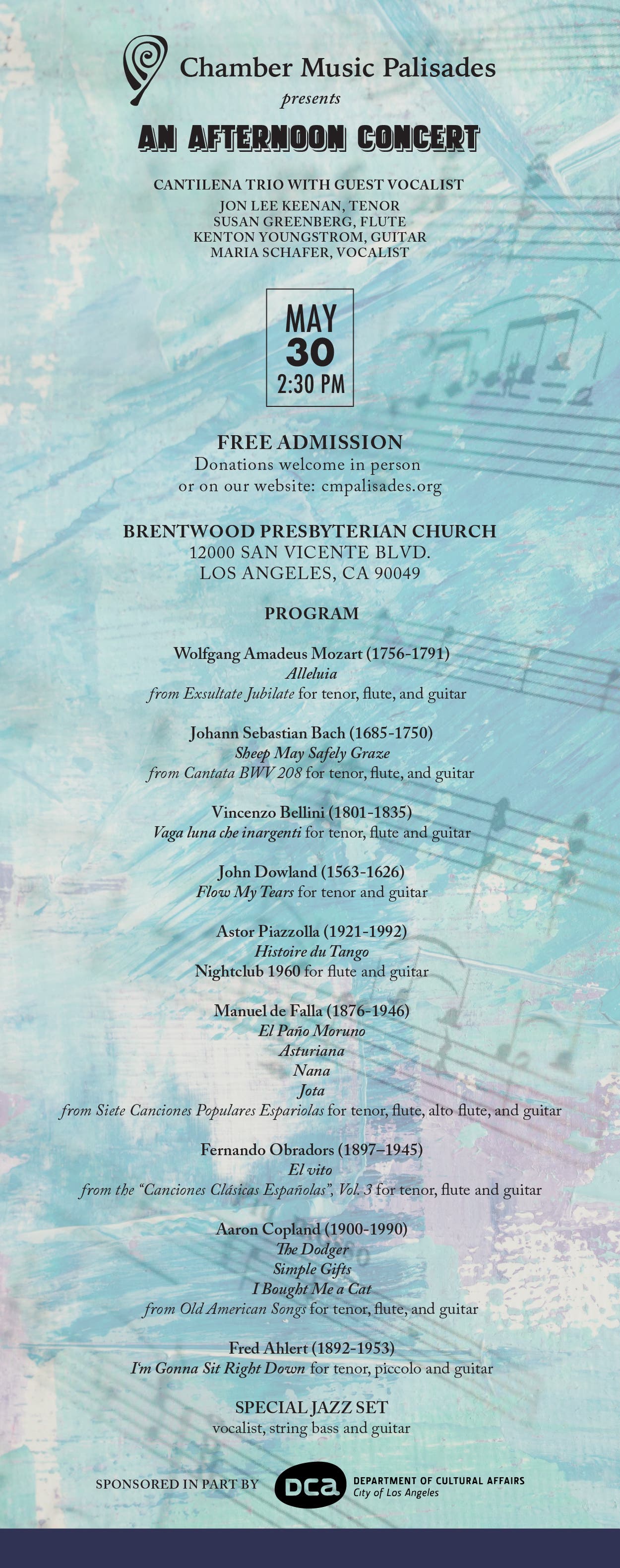 Chamber Music Palisades FREE concert-flute, guitar, vocalists : classical and jazz set