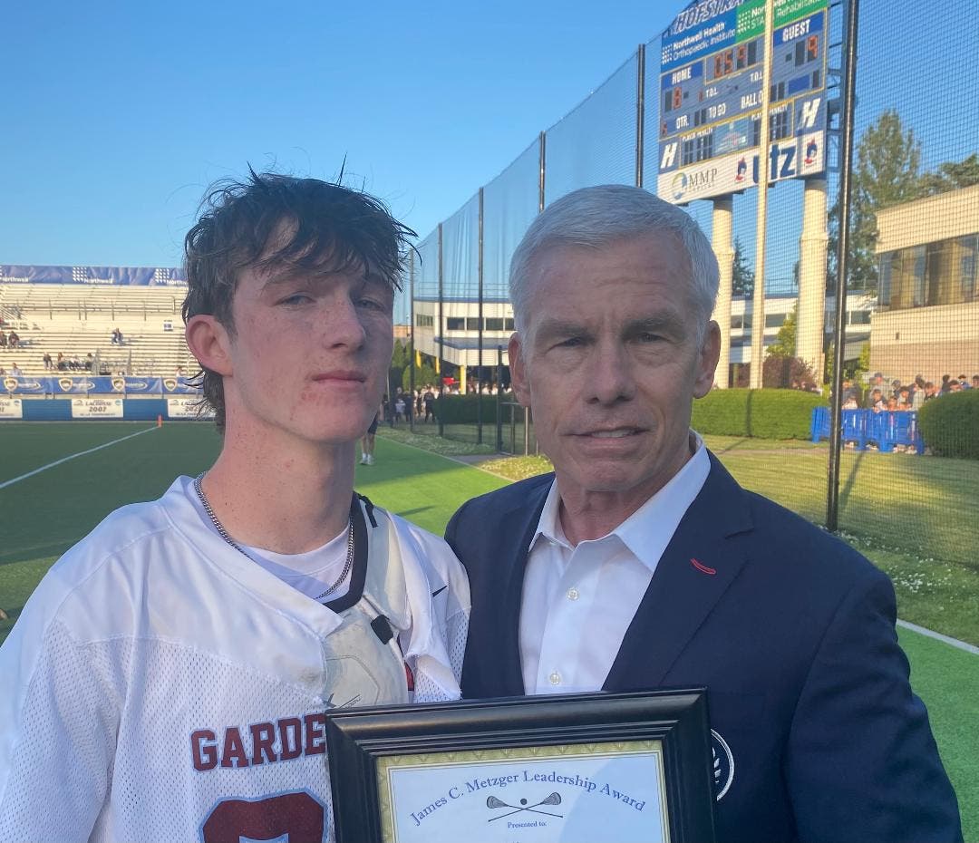 Merit Ruckh of Garden City High School received the 2026 James C. Metzger Lacrosse Leadership Award from James C. Metzger.