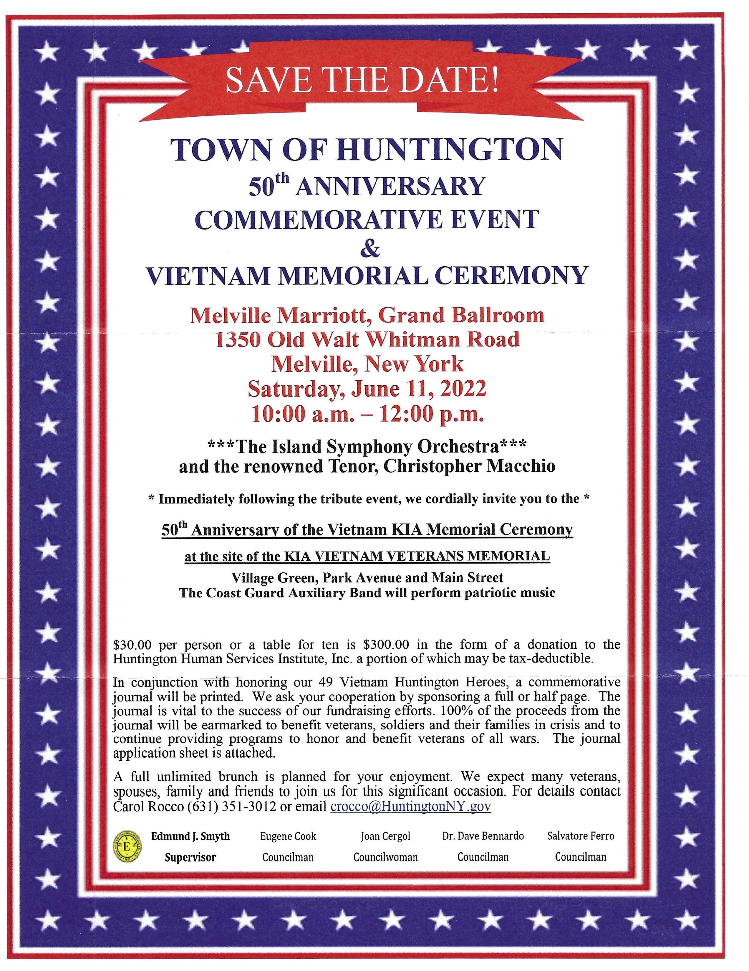 Jun 11 Town of Huntington 50th Anniversary Commemorative Event & Viet Nam Memorial Ceremony