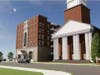 Architect's rendering of the Deer Hill Regency next to the existing First Congregational Church.
