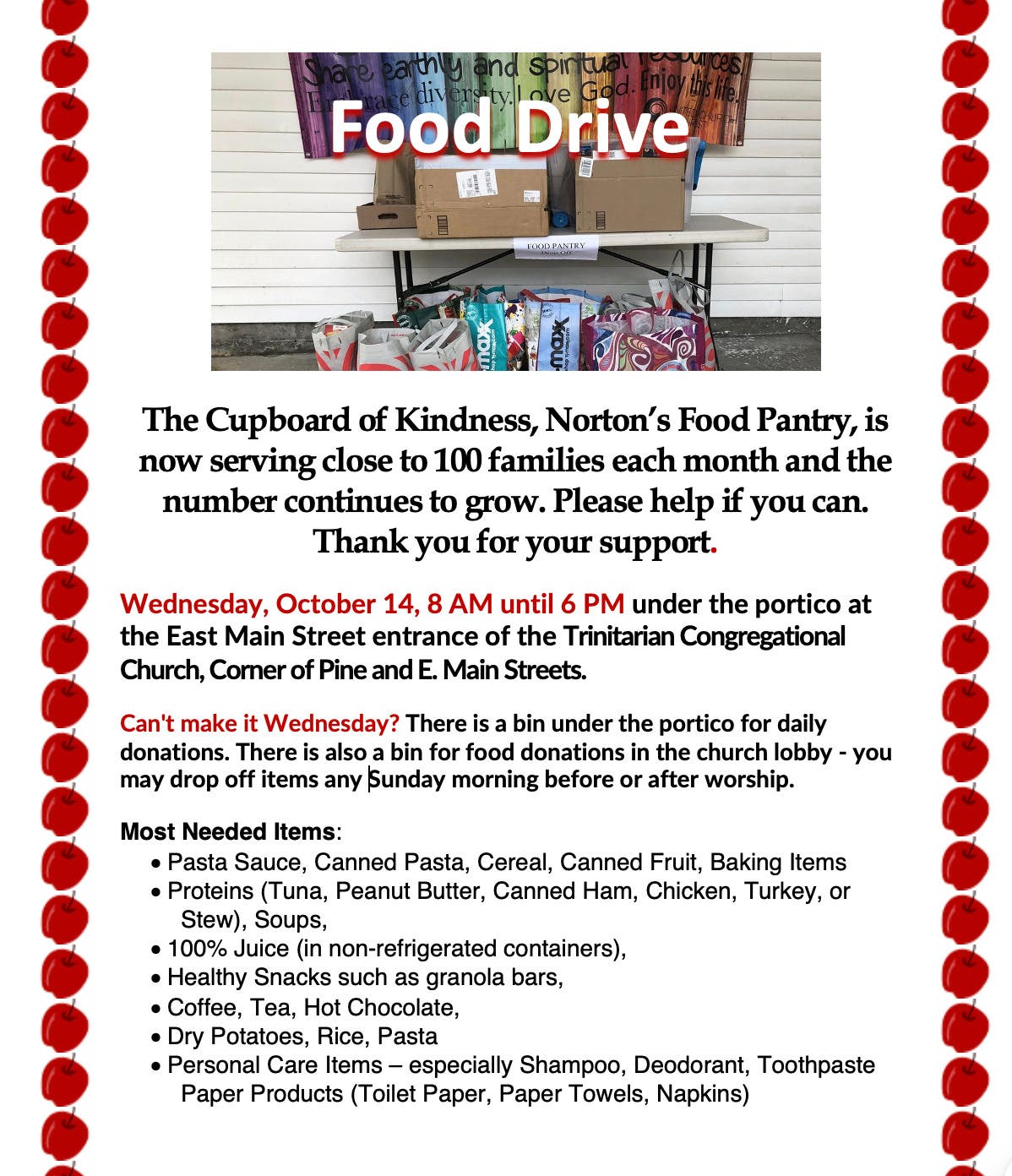 Monthly Food Drive for The Cupboard of Kindness, Norton's Food Pantry