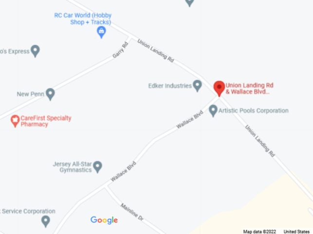 A map showing the intersection of Union Landing Road and Wallace Boulevard in Cinnaminson Township and the surrounding area. 