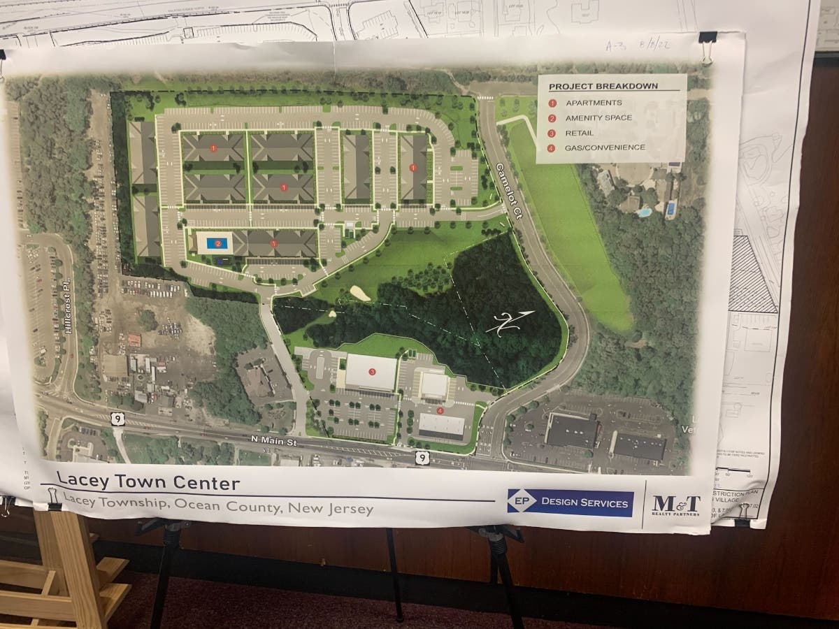 This shows the proposal for the Lofts at Lacey complex, including nine three-story residential buildings and retail space.